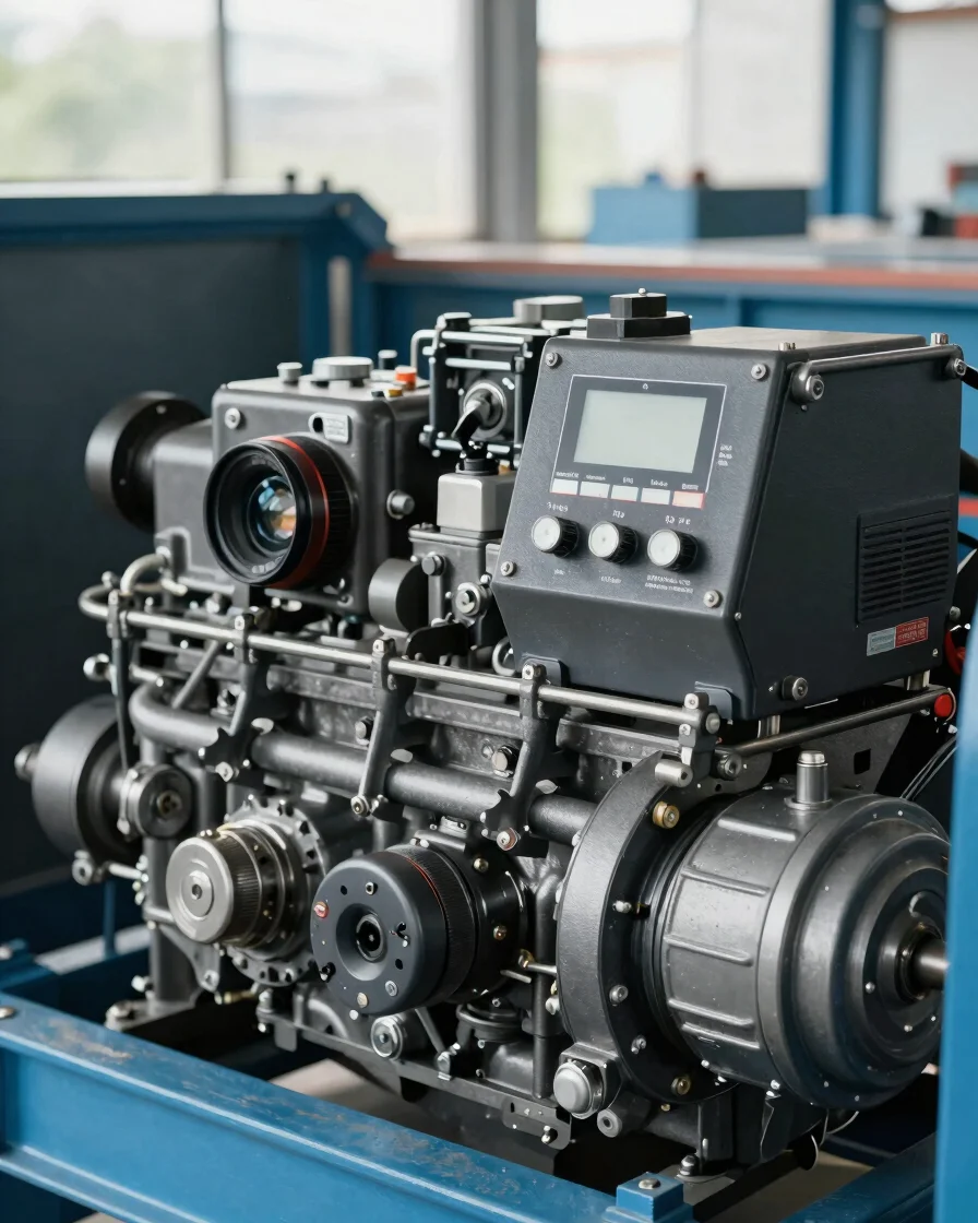 Close-up panel kontrol genset dan detail komponen mesin dengan cahaya siang netral, latar fasilitas industri sederhana,