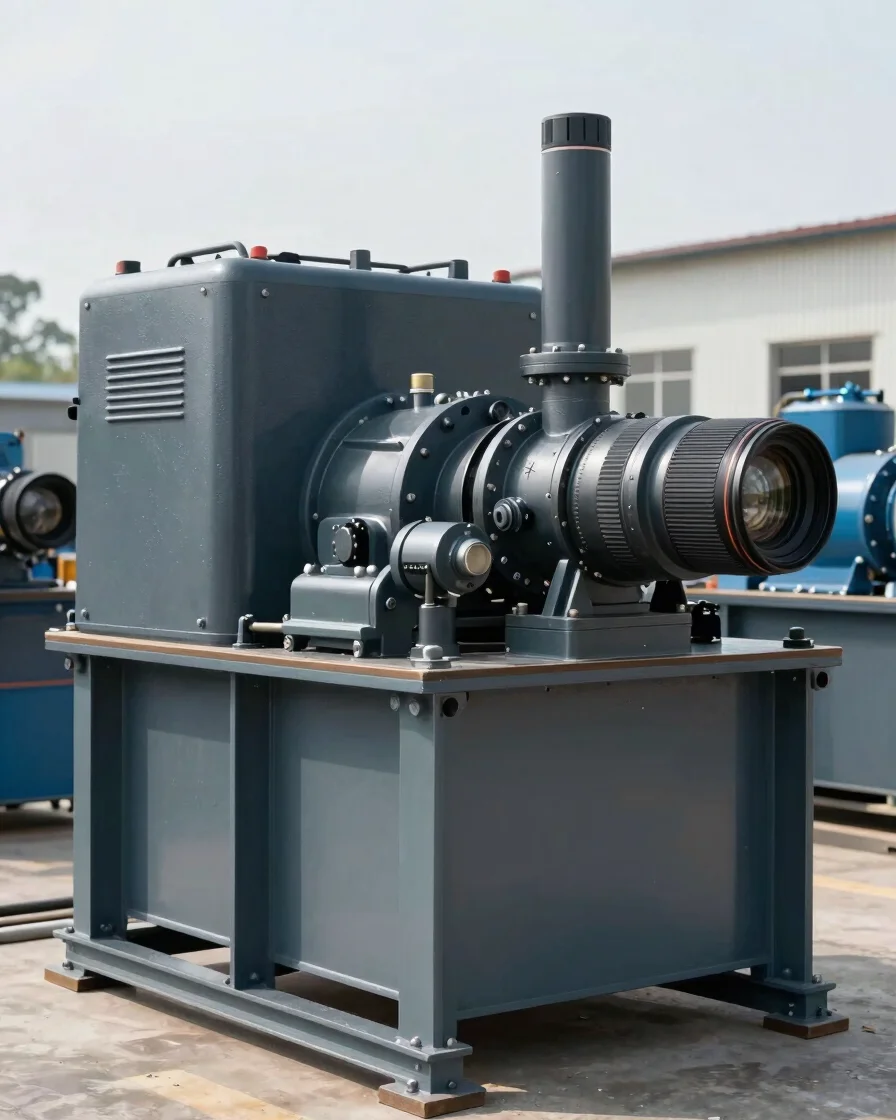 Genset industri berwarna baja arang di fasilitas kerja yang tertata, cahaya siang netral, framing frontal yang jelas mem